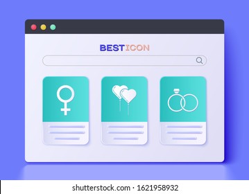 Set Balloons in form of heart with ribbon, Female gender symbol and Wedding rings icon. Vector