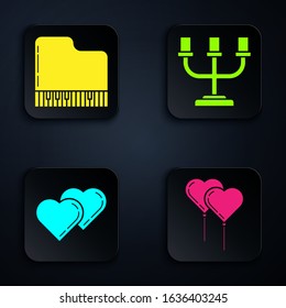 Set Balloons in form of heart with ribbon, Grand piano, Two Linked Hearts and Candlestick. Black square button. Vector