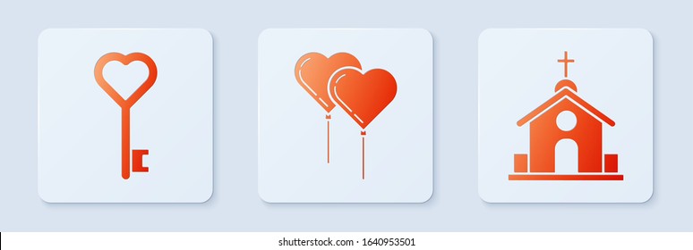 Set Balloons in form of heart with ribbon, Key in heart shape and Church building. White square button. Vector