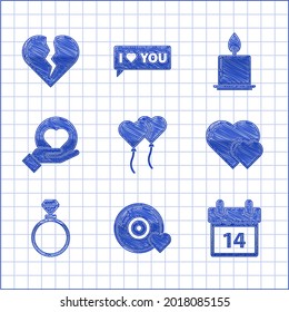 Set Balloons in form of heart, Romantic music, Calendar with February 14, Heart, Wedding rings, hand, Burning candle and Broken divorce icon. Vector