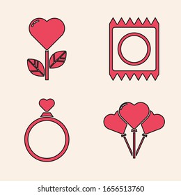 Ponga globos en forma de corazón, forma de corazón en una flor, Condón en el paquete y icono de anillos de boda. Vector