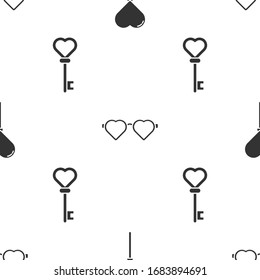 Set Balloons in form of heart, Heart shaped love glasses and Key in heart shape on seamless pattern. Vector