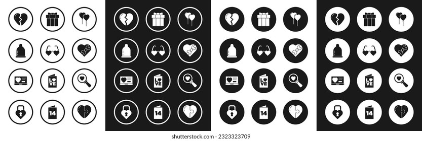 Establece globos en forma de corazón, gafas de amor con forma de corazón, condón, rotos, caja de caramelos, regalo, búsqueda y aplicación de citas icono en línea. Vector
