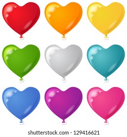 Set of balloons in the form of hearts various beautiful colors, isolated, eps10, contains transparencies. Vector