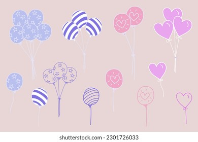 Set of balloons freehand drawn cartoon vector illustration. Wall Art with Kawaii Style with star and heart.  Isolated on a pink Background. Lovely Nursery Art Ideal for decoration card poster.
