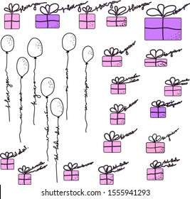 Set of balloons and gift boxes with the words "I love you" in English, Arabic, German,Russian, Italian, Spanish, Portuguese and Turkish.