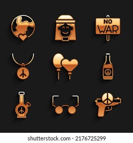 Set Balloons, Glasses, No War, Beer Bottle, Bong, Necklace With Peace Symbol,  And The Heart World - Love Icon. Vector