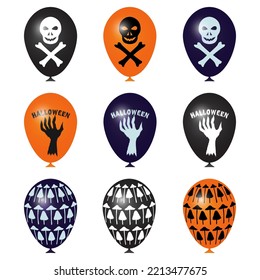 A set of balloons for Halloween. Realistic black, orange, purple balls with a skull and bones, an inscription and text, a hand, mushrooms and toadstools.