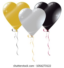 Set of balloons in heart fore heart. White, gold and black balloons. Isolated objects. Elements for a holiday. Gift. Birthday, anniversary, party