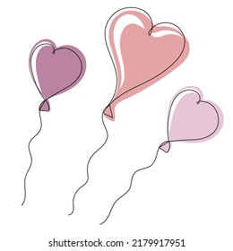 Set of balloons in heart shape for birthday, valentines day and party. Flying balloons with rope. One line art vector illustration