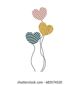set of balloons in heart shape in pink dotted color blue striped and yellow pixelated vector illustration