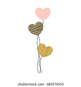 set of balloons in heart shape in pink color striped and pixelated vector illustration