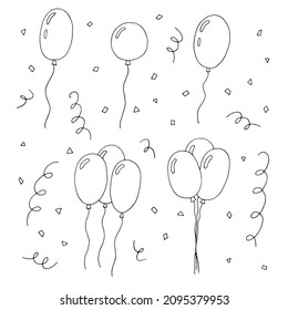 Set of balloons for the holiday. Confetti. Festive decoration. Party. Birthday. Vector. Doodle. Drawn by hand. Elements for a greeting card. Sketch. Silhouette. Black and white. Contour. Coloring.