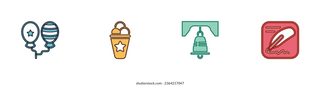 Set Balloons, Ice cream in waffle cone, Liberty bell Philadelphia and Declaration of independence icon. Vector