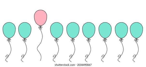 Un conjunto de globos aislados de fondo blanco. Hay una rosa en el grupo que flota más alto que otra. Concepto de idea, pensamiento, creativo, diferente y autoconfianza.