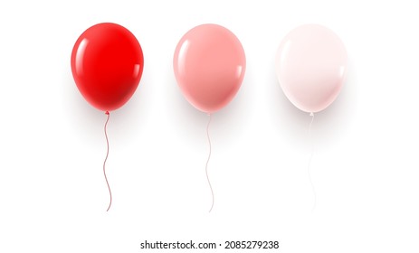 Set of balloons isolated on white background. Vector illustration with realistic red balloons. Holiday symbols for Valentine's Day decoration design.