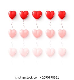 Set of balloons isolated on white background. Vector illustration with realistic red balloons in shape of heart. Collection of holiday symbols for Valentine's Day decoration design.