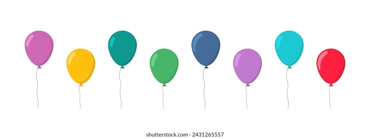 Satz von Ballons isoliert auf weißem Hintergrund. Fliegender Ballon mit Seil. Ballons für Geburtstag und Party. Flache Ikone für Feiern und Karneval. Vektorgrafik