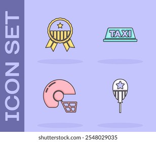 Set Balloons, Medal with star, American football helmet and Taxi car roof icon. Vector