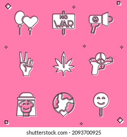 Juego de globos, No a la guerra, Megáfono, símbolo de la paz, Marihuana, Hippie girl y El mundo del corazón - icono del amor. Vector