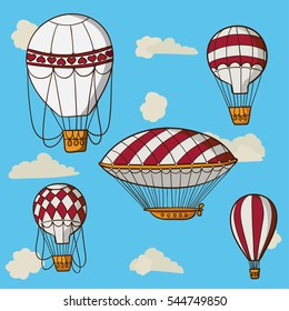 set of balloons on a blue sky with clouds in cartoon style