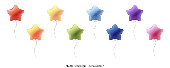 Set of balloons on isolated background. Cartoon style of colorful helium balloons in the shape of a star. Decor for birthdays, holidays, Christmas, etc.