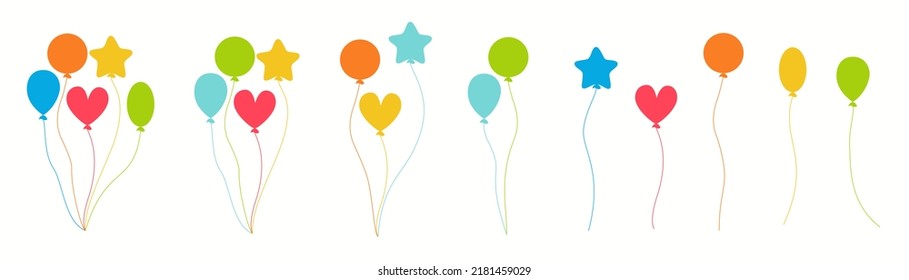 Ballons auf weißem Hintergrund. Farbige Ballons und Gruppen Helium Luft Ballons. Party Design Cartoon flache Kollektion. Vektorgrafiken.