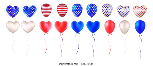 Set of balloons, painted as an American flag. Red, blue, white, striped and with stars. Heart-shaped and round. Design elements for holidays, Independence Day, Presidents Day etc. Isolated on white