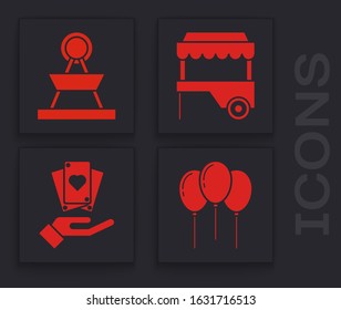 Set Balloons with ribbon, Attraction carousel, Fast street food cart with awning and Hand holding playing cards icon. Vector