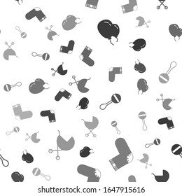Set Balloons with ribbon, Baby socks clothes, Rattle baby toy and Baby stroller on seamless pattern. Vector