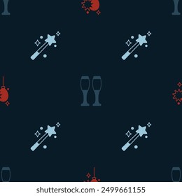 Set Balloons with ribbon, Bowling pin and Magic wand on seamless pattern. Vector