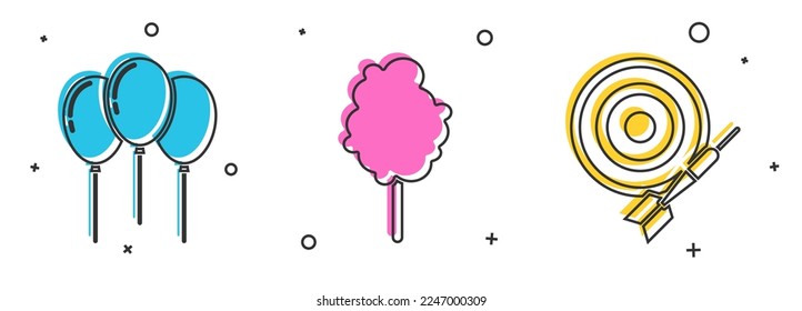 Set Balloons with ribbon, Cotton candy and Classic dart board and arrow icon. Vector
