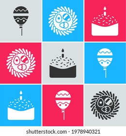 Set Balloons with ribbon, Easter egg in a wicker nest and Easter cake and candle icon. Vector