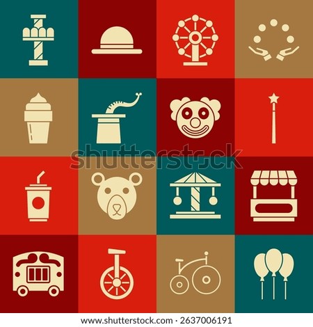 Set Balloons with ribbon, Fast street food cart, Magic wand, Ferris wheel, Magician hat, Ice cream, Attraction carousel and Clown head icon. Vector