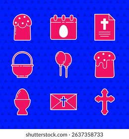 Set Balloons with ribbon, Greeting card Happy Easter, Christian cross, cake, egg stand, Basket,  and  icon. Vector