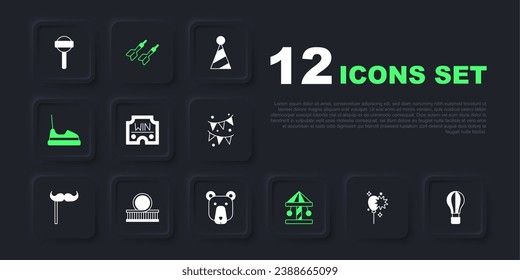 Set Balloons with ribbon, Hot air balloon, Casino win, Attraction carousel, Bumper, Roller coaster, Dart arrow and Bear head icon. Vector