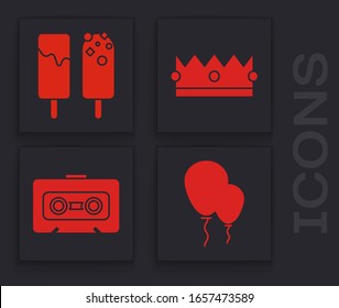 Set Balloons with ribbon , Ice cream , Crown  and Retro audio cassette tape  icon. Vector