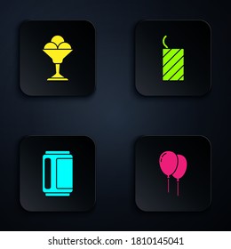 Set Balloons with ribbon, Ice cream in bowl, Beer can and Firework rocket. Black square button. Vector