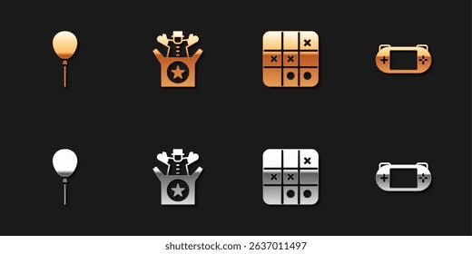 Set Balloons with ribbon, Jack in the box toy, Tic tac toe game and Portable video console icon. Vector