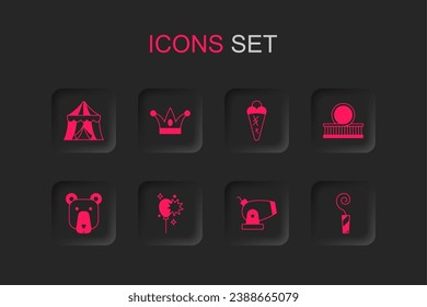 Set Balloons with ribbon, Jester hat bells, Circus tent, Cannon, Roller coaster, Birthday party horn, Ice cream in waffle and Bear head icon. Vector