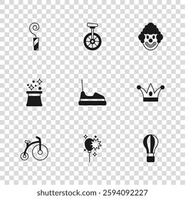 Set Balloons with ribbon, Jester hat bells, Hot air balloon, Bumper car, Clown head, Birthday party horn, Unicycle and Magician icon. Vector