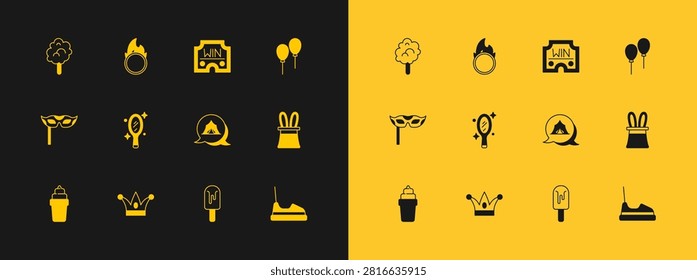 Set Balloons with ribbon, Jester hat bells, Circus tent, Ice cream, Magic hand mirror, Casino win, Cotton candy and fire hoop icon. Vector