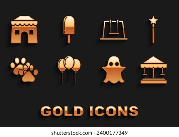 Set Balloons with ribbon, Magic wand, Attraction carousel, Ghost, Paw print, Swing, Circus tent and Ice cream icon. Vector