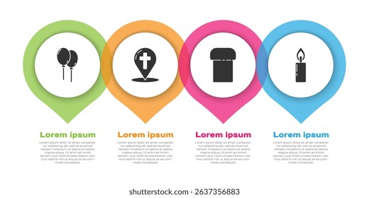 Set Balloons with ribbon, Map pointer with christian cross, Easter cake and Burning candle. Business infographic template. Vector