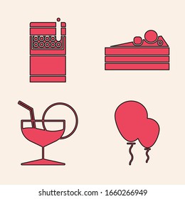 Set Balloons with ribbon , Open cigarettes pack box , Cake  and Martini glass  icon. Vector