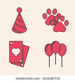 Set Balloons with ribbon, Party hat, Paw print and Playing card icon. Vector