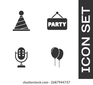 Set Balloons with ribbon, Party hat, Microphone and Signboard party icon. Vector