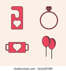 Set Balloons with ribbon, Please do not disturb with heart, Diamond engagement ring and Two coffee cup and heart icon. Vector