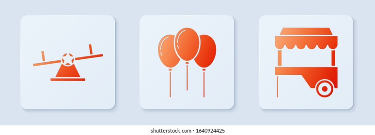 Set Balloons with ribbon, Seesaw and Fast street food cart with awning. White square button. Vector