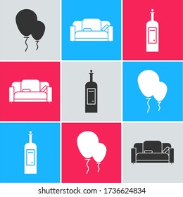 Set Balloons with ribbon , Sofa  and Bottle of wine  icon. Vector